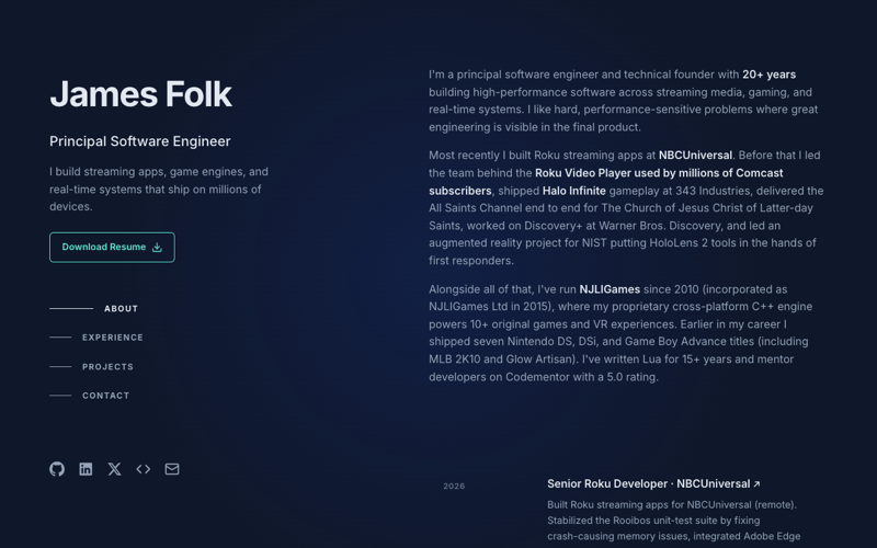 Screenshot of jamesfolk.me, the founder's resume site