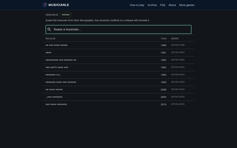 Screenshot of the Musicianle website